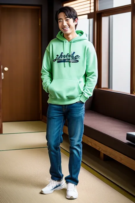 Smiling and handsome Japanese man looking at smartphone in the room,Full body portrait,I have a smartphone,wearing hoodies