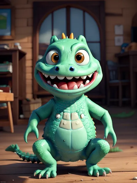 Create a baby alligator with big eyes and a smile