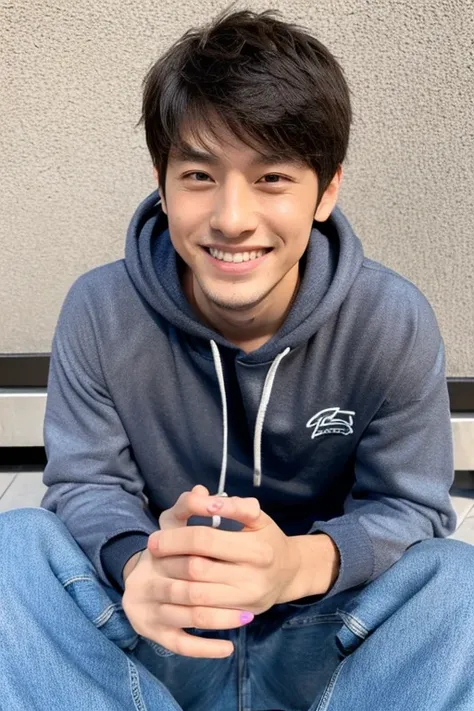 A handsome Japanese man with a smile looking at his smartphone while lying on a futon,Full body portrait,I have a smartphone,wearing hoodies