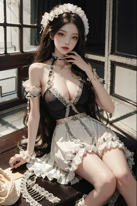 Special clothes39,maid, fashi-girl, red lips, mature female, makeup, Big eyes, Pretty eyes, ((full body)), ((Random shooting angles)), (best quality, masterpiece:1.2), ultra-detailed, (realistic:1.37), beautiful, youthful, glamorous model with (detailed ey...