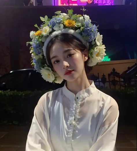 in a white shirt、French and German woman wearing a flower crown on her head, xintong chen, She has a crown of dried flowers, flower head, Wear a floral headdress, she has a crown of flowers, wenfei ye, Middle Metaverse, corolla, Lotus flower crown girl, we...