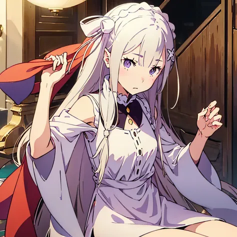 emilia (re:zero), shy eyes, sonrojada, light red and white clothing like the flag of peru, sexy