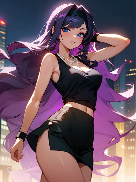 A beautiful and sexy woman with long wavy violet hair, side-swept bangs, sharp blue eyes, light skin, smile, wearing a black tank top, short black skirt, black headband, and pearl necklace, in the city at nighttime