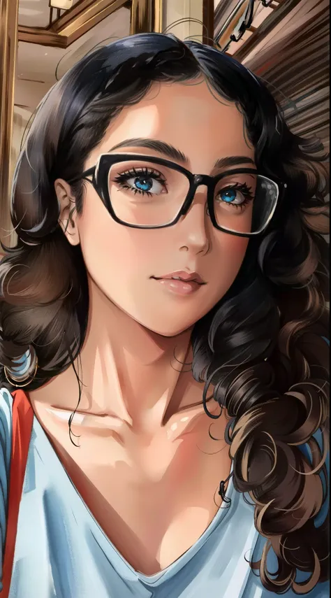 there is a woman with glasses and a blue shirt posing for a photo, wavy long black hair and glasses, selfie de uma jovem mulher, girl with glasses, rebecca sugar, wearing black rimmed glasses, wearing black frame glasses, With eye Glasses, Meio retrato, fo...