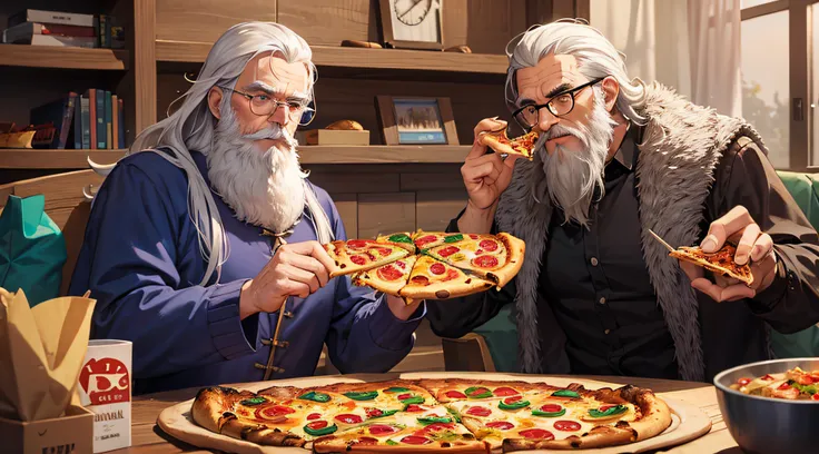 Old Man Wizzard, Beard, Glasses, Pizza Magic, Fantasy