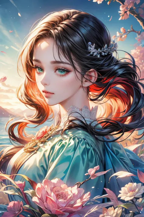 timely quality:1.4), (tmasterpiece:1.4), 超高分辨率, 8K, CG, Exquisite, Upper part of the body, Solitary, Thumb girl, Little princess, Blue taffeta court dress, Sea background, detailedfacialfeatures, red long curly hair, almond eyes, Detailed eye makeup, Long ...