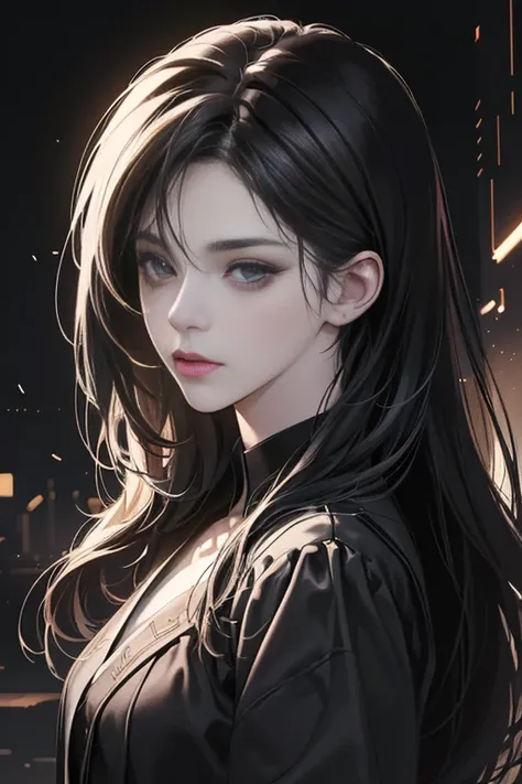 (bestquality, (masterpiece), (10, Realistic, digital illustration digital art details, 1:5 HR, dark light), dark, chaotic environment, perfect face, Manhwa art, Anime style, a girl, 20 years old, black hairr, Black eye (no expression), Fair-skinned, black ...