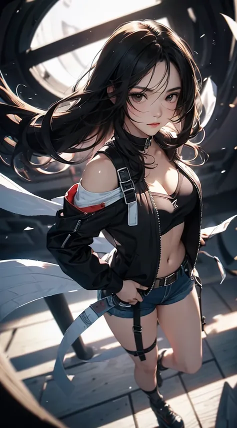 ((8k wallpaper of extremely detailed CG unit, ​masterpiece, hight resolution, top-quality)), (a very beautiful woman, Hands in pockets:1.5, Grunge Fashion:1.2, Wearing a blouson:1.2, Wearing micro mini shorts:1.2, Wearing shoes:1.1), ((extra detailed face,...