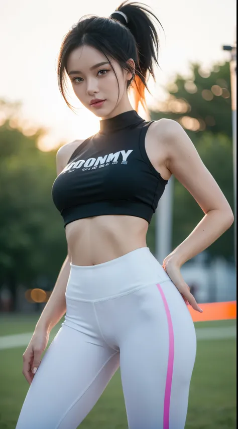 Woman, Sporty chic, leggings, stylish sneakers, crop top, ponytail, athletic build, vibrant colors, confident posture, energetic vibe, gradient hair, heterochromia, seductive smile, licking lips, backlighting, Conceptual art, cinematic lighting, afterimage...