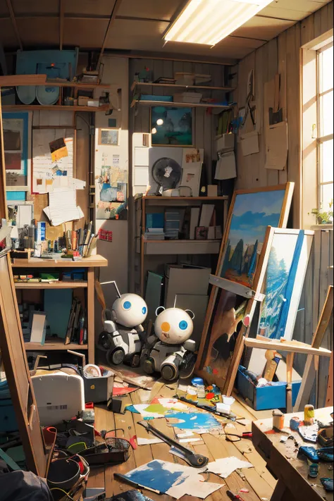 A messy, chaotic artists workshop, inside  a cute robot painting a picture. The picture  of another robot, Lexica Aperture v2