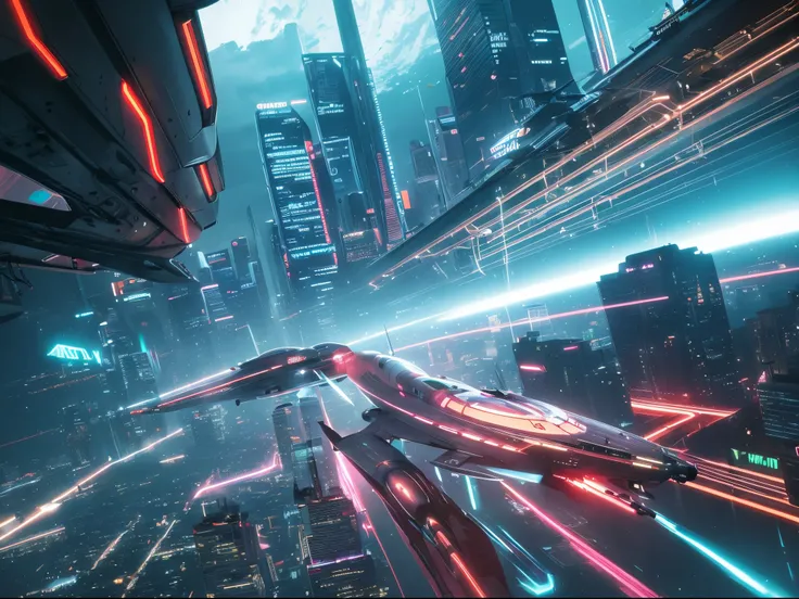 Imagine a cyberpunk universe where the crew of the Enterprise NCC-1701 navigates a gritty, neon-lit cityscape. Capture the cyberpunk vibe seen in the works of Syd Mead or Daniel Liang.