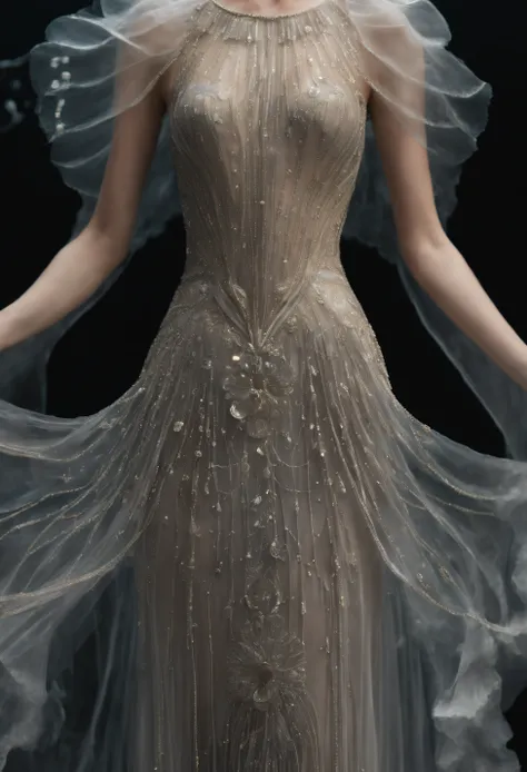 Close up shot, zoomed in shot, 1920s Hollywood glam gown, Translucent ethereal jellyfish clothing, ultra detailed features, symmetrical details, 48K clothing details