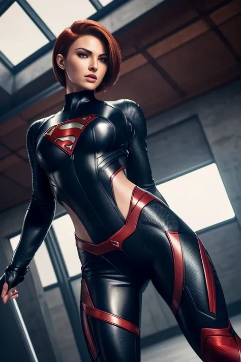 4k highly detailed realistic female superhero dressed in cropped carbon fiber, auburn hair in a short undercut bob hairstyle, hair covering one eye, ((sharp Jawline)), (full body Including Legs), Seduction and fantastic poses