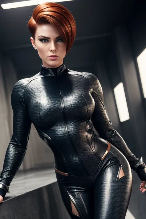 4k highly detailed realistic female supervillain dressed in cropped carbon fiber, auburn hair in a short undercut bob hairstyle, hair covering one eye, ((sharp Jawline)), (full body Including Legs), Seduction and fantastic poses