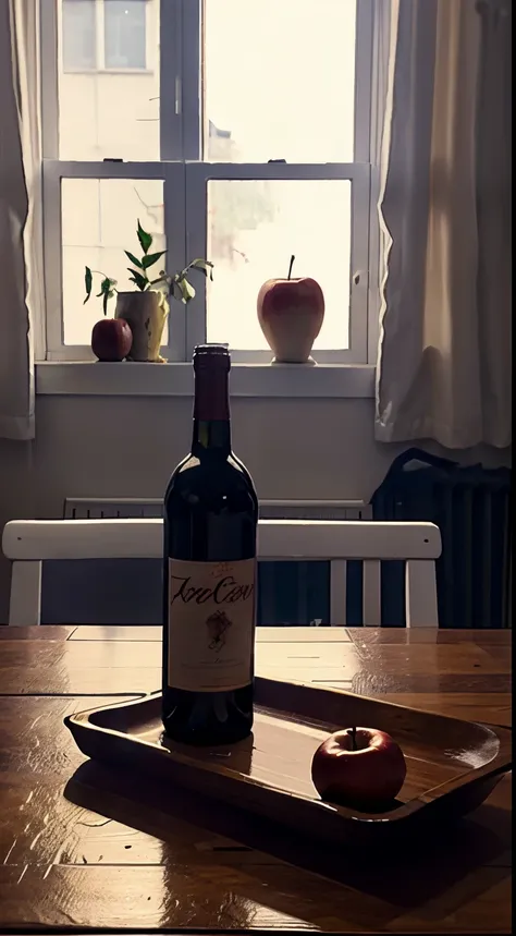 There  a red wine bottle on the table、Apples and peaches, Napkins and wine glasses,  Window lighting , Background curtains, Still life impasto painting , deep dark background,