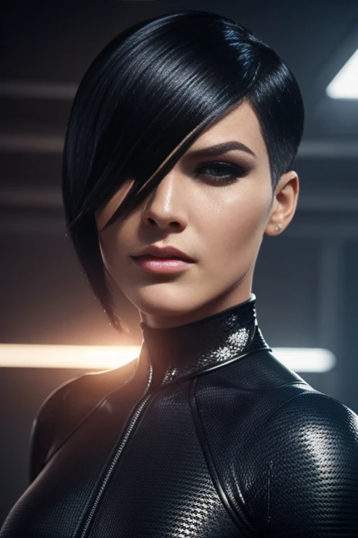 4k highly detailed realistic female supervillain dressed in cropped carbon fiber, ombre hair in a short undercut bob hairstyle, hair covering one eye, ((sharp Jawline)), (full body Including Legs), Seduction and fantastic poses