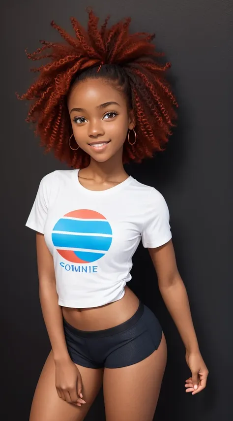 black girl, contagious smile, round face, 1.50 tall, 15 years old, curly red hair, blue eyes, perfect breasts, perfect butt, ton...