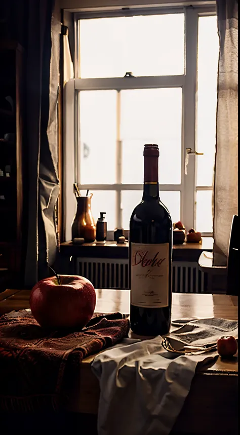 there  a red wine bottle on the table、apples and peaches, napkins and wine glasses,  window lighting , background curtains, stil...