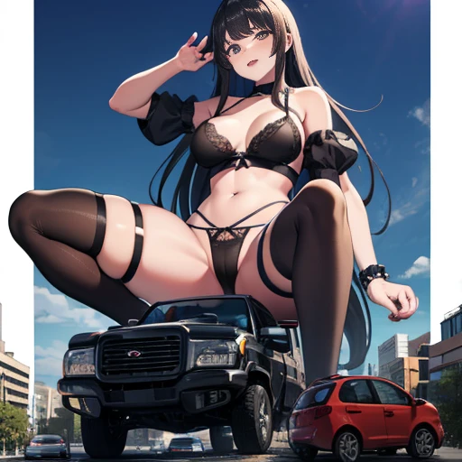 Giantess, big giantess, tall girl, black lingerie, aroused, sitting on car, crushing car, crushed car, crushing, butt crush, looking at viewer, Giantess on car