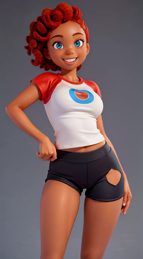 Black girl, contagious smile, round face, 1.50 tall, 15 years old, curly red hair, blue eyes, perfect breasts, perfect butt, toned legs. Clothing: short t-shirt, tight shorts and sneakers. Confident pose with a delicate personality, with a black background...