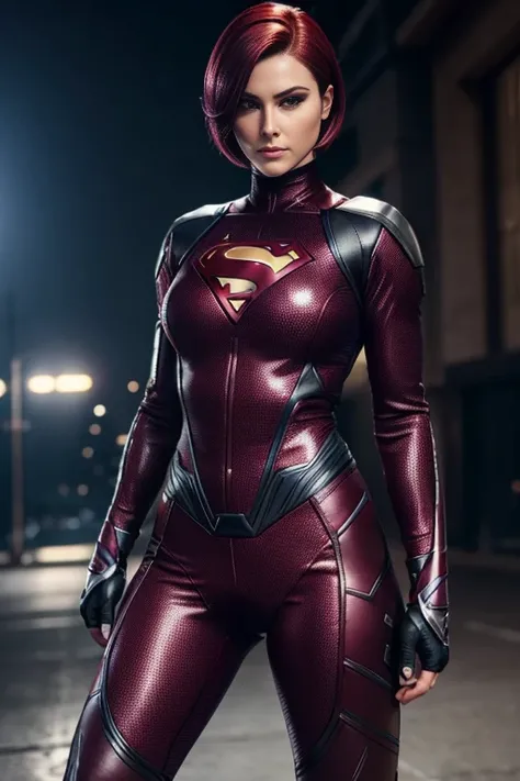 4k highly detailed realistic female superhero dressed in cropped carbon fiber, burgundy hair in a short undercut bob hairstyle, hair covering one eye, ((sharp Jawline)), (full body Including Legs), Seduction and fantastic poses