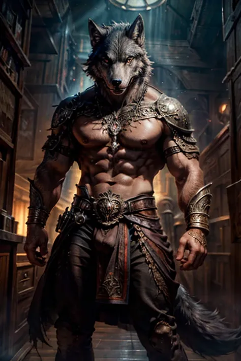 (masterpiece) best quality, ultra hd, 32k、(Fractal Art:1.3)、Highly detailed colors　((masculine evil wolf)), soft smile　Masculine and strong　Smooth expression　a smile　full body shot　golden light looking at the camera, in the background Seville, Spain, highl...