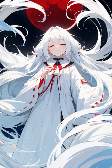 Ghost of a girl with very long white hair and red closed eyes