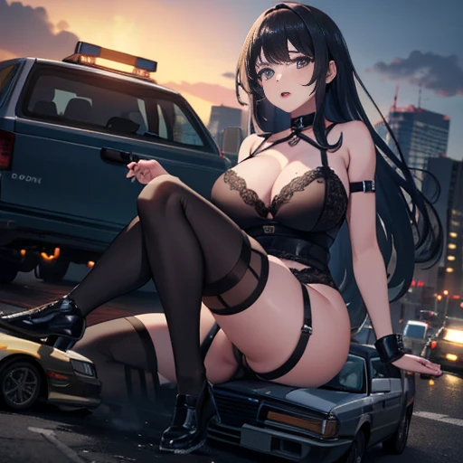 Giantess, huge giantess, big giantess, tall girl, black lingerie, aroused, sitting on car, crushing car, crushed car, crushing, butt crush, looking at viewer,