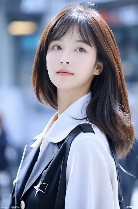 (1 cute Korean star) Shoulder-length hair, Thin makeup, small chest size, Wearing a coat, in the winter, Clear facial features, 8K high resolution, Sharp, realistic detail.From the outside, Eye-level shots, f/4.0, 135mm, Fujifilm, jpeg artifacts, dithering...