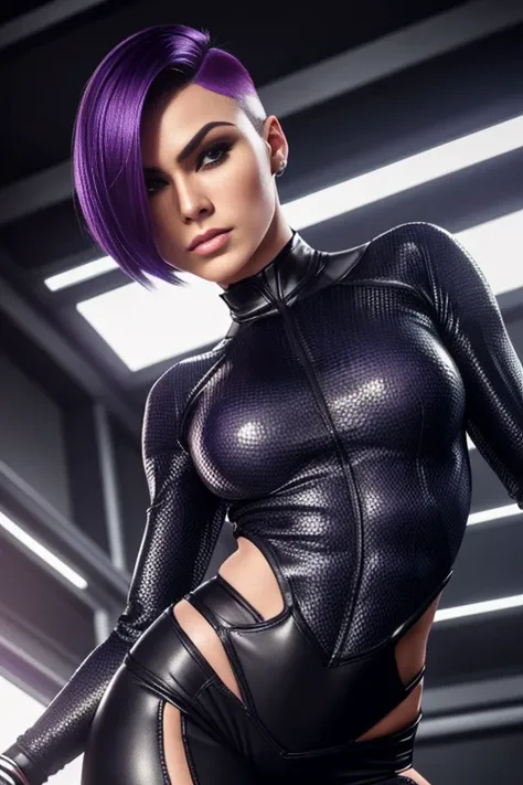 4k highly detailed realistic female supervillain dressed in cropped carbon fiber, burple hair in a short undercut bob hairstyle, hair covering one eye, ((sharp Jawline)), (full body Including Legs), Seduction and fantastic poses