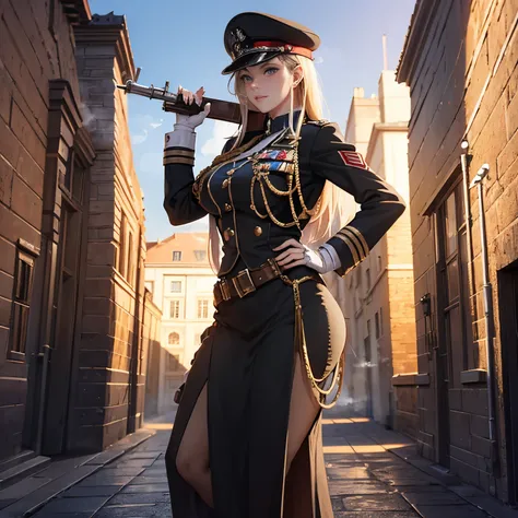 En un mundo dieselpunk. A very pretty young soldier in the British army, con un gran sombrero y un traje rojo con muchos botones y varias medallas. She carries a strange steam rifle. She  doing patrol on a large cobblestone street with large buildings... L...