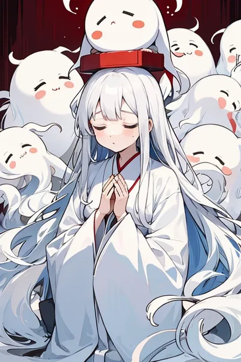 Ghost of a girl with very long white hair and red closed eyes, very long sleeves, comfortable long white kimono, Prays, a lot of very cute ghosts praying nearby. One ghost lies on the girl’s head and prevents her from praying.