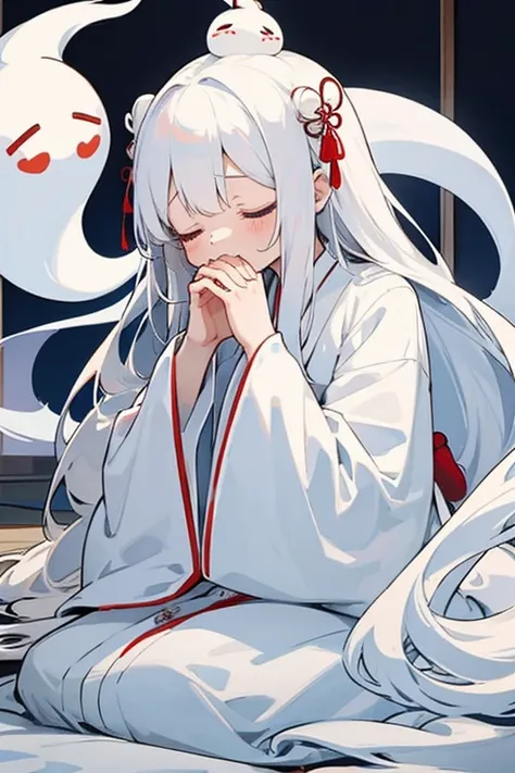 Ghost of a girl with very long white hair and red closed eyes, very long sleeves, comfortable long white kimono, Prays, a lot of very cute ghosts praying nearby. One ghost lies on the girl’s head and prevents her from praying.