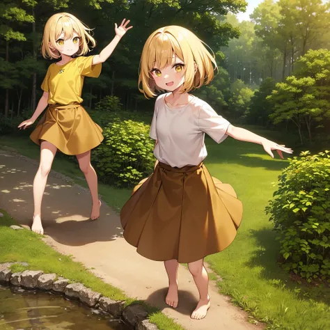 1 single Little anime girl with a flat chest with short bright blonde hair and yellow eyes wearing brown shirt and medium brown skirt with dirt on her body no shoes looking happy with her hands open up and yellow energy around the ground in a forest with a...