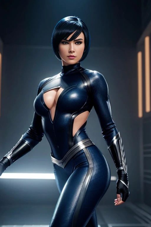 4k highly detailed realistic female superhero dressed in cropped carbon fiber, blueblack hair in a short undercut bob hairstyle, hair covering one eye, ((sharp Jawline)), (full body Including Legs), Seduction and fantastic poses