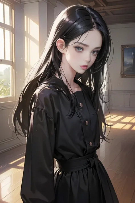 (bestquality, (masterpiece), (10, Realistic, digital illustration digital art details, 1:5 hrs, bright light), shining, beautiful environment, perfect face, Manhwa art, Anime style, a girl, 20 age, black hairr, Black eye (no expression), Fair-skinned, Blac...