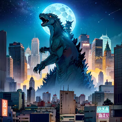 godzilla rising above the city at night with a full moon in the background, godzilla, kaiju, portrait of godzilla, kaiju battle,...