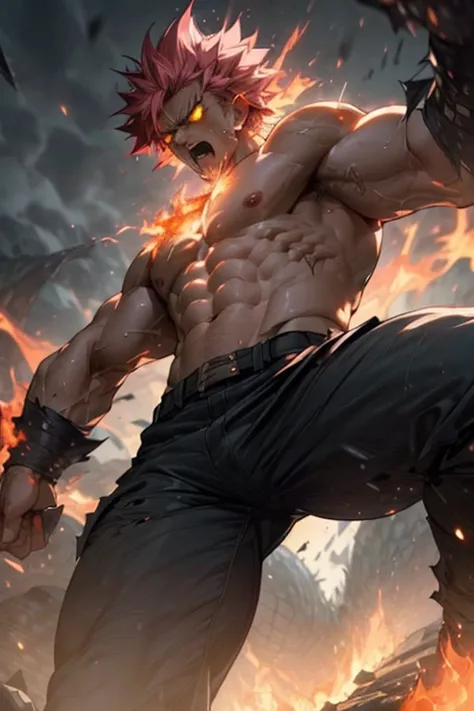 (Natsu Dragneel),angry expression,(violent,vigorously,knock down:1.2) a (huge,gigantic,enormous) dragon, with (sharp,pointy) (claws,fangs) and (scaly,rough) skin. Natsu has a (muscular,fit,buff) body, (ripped,six-pack,toned) (abs,stomach), defined (biceps,...