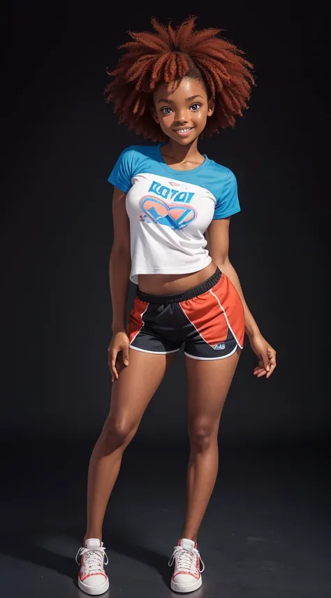 Black girl, contagious smile, round face, 1.50 tall, 15 years old, curly red hair, blue eyes, perfect breasts, perfect butt, toned legs. Clothing: short t-shirt, tight shorts and sneakers. Confident pose with a delicate personality, with a black background...