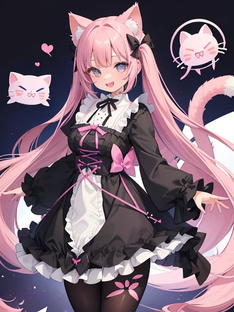 (Full body portrait)、(Gothic lolita)、(gradation eye pink)、(Cat Ears Girl)、,(evil smile with wide open mouth),(thick bottom)、(Black tights)