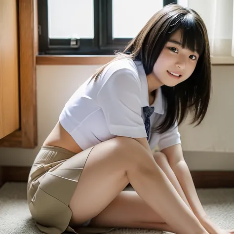 An ultra-high picture quality、Perfect Photo、Beautiful 16 year old girl、Beautiful japanese girl、One Junior High School Girl、light skinned、slender、Black Haired Beautiful Girl、cute little、school uniform student pleated mini skirt、（tiny chest）、((((Posture of h...