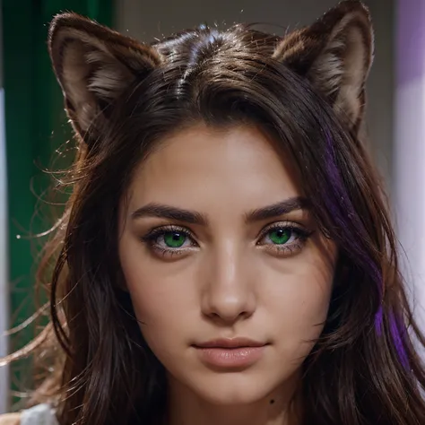 A beautiful wolf with green eye abd purple high