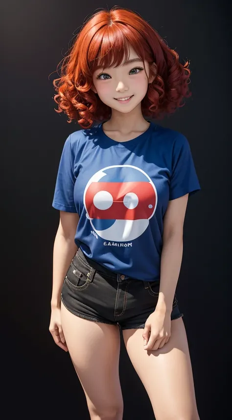 Japanese girl, contagious smile, round face, 1.50 tall, 15 years old, curly red hair, blue eyes, perfect breasts, perfect butt, toned legs. Clothing: short t-shirt, tight shorts and sneakers. Confident pose with a delicate personality, with a black backgro...