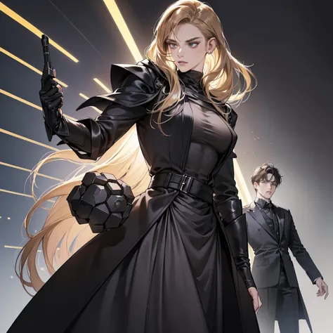 erson, 1 woman and 2 man ( woman in the left ( 20 years old, blonde hair, long hair, 165 cm tall, average boobs, wearing black suit with black skirt, hooding gun, futuristic, serious expression), 1 man in the midle ( 20 years old, black hair, long hair tie...