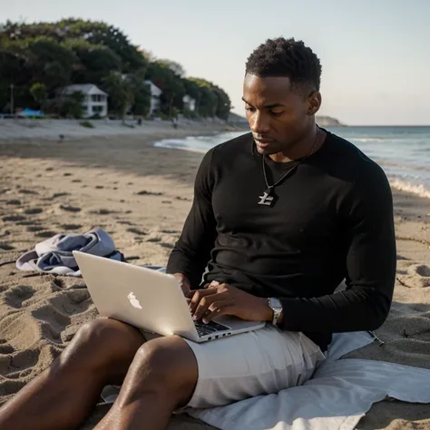 A black man with a laptop on the beach