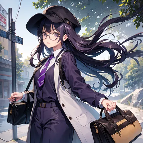 Best Quality、Structure centered around characters、30-year-old woman with、big travel bag、Mature atmosphere、A dark-haired、Smooth long hair、Hair fluttering in the wind、Self-filling appearance、wearing a newsboy cap、Large round glasses、Purple eyes、double tooth、...