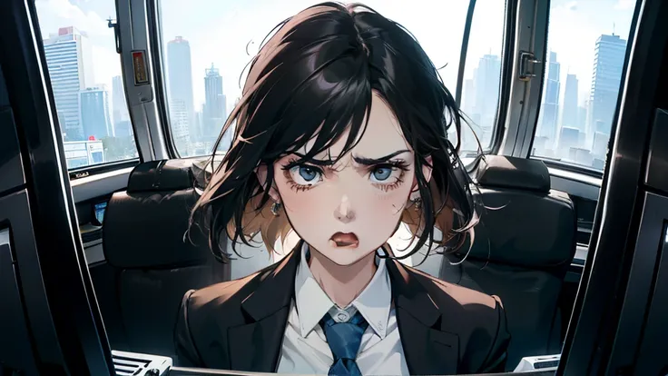 Please realistically and powerfully depict a female office worker who is angry and angry.。expressioness、the pose、Fully express the details of the environment、Build a scene that strongly conveys her anger to the audience.。