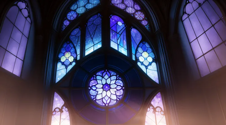 ((stain glass)) masutepiece, Best Quality, ultra-detailliert, Hyper realistic, High resolution, Capture a characteristic broad field of view, curved perspective. ,blue tone, Moonlight, beautiful purple blue lighting, Glow lighting, Atmospheric lighting, Ci...