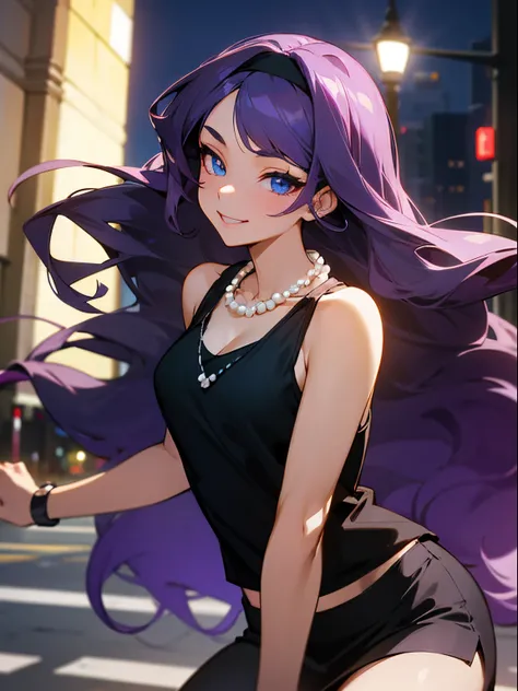 A beautiful and sexy woman with long wavy violet hair, side-swept bangs, sharp blue eyes, light skin, smile, wearing a black tank top, short black skirt, black headband, and pearl necklace, in the city at nighttime