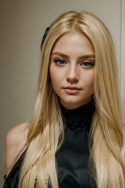 a close up of a woman with long blonde hair and a black dress, long blonde hair, portrait of kim petras, a gorgeous blonde, shoulder - length blonde hair, alexa grace, Olivia Dunne, long blonde hair and big blue eyes, 2 0 years old, 20 years old, blonde ha...